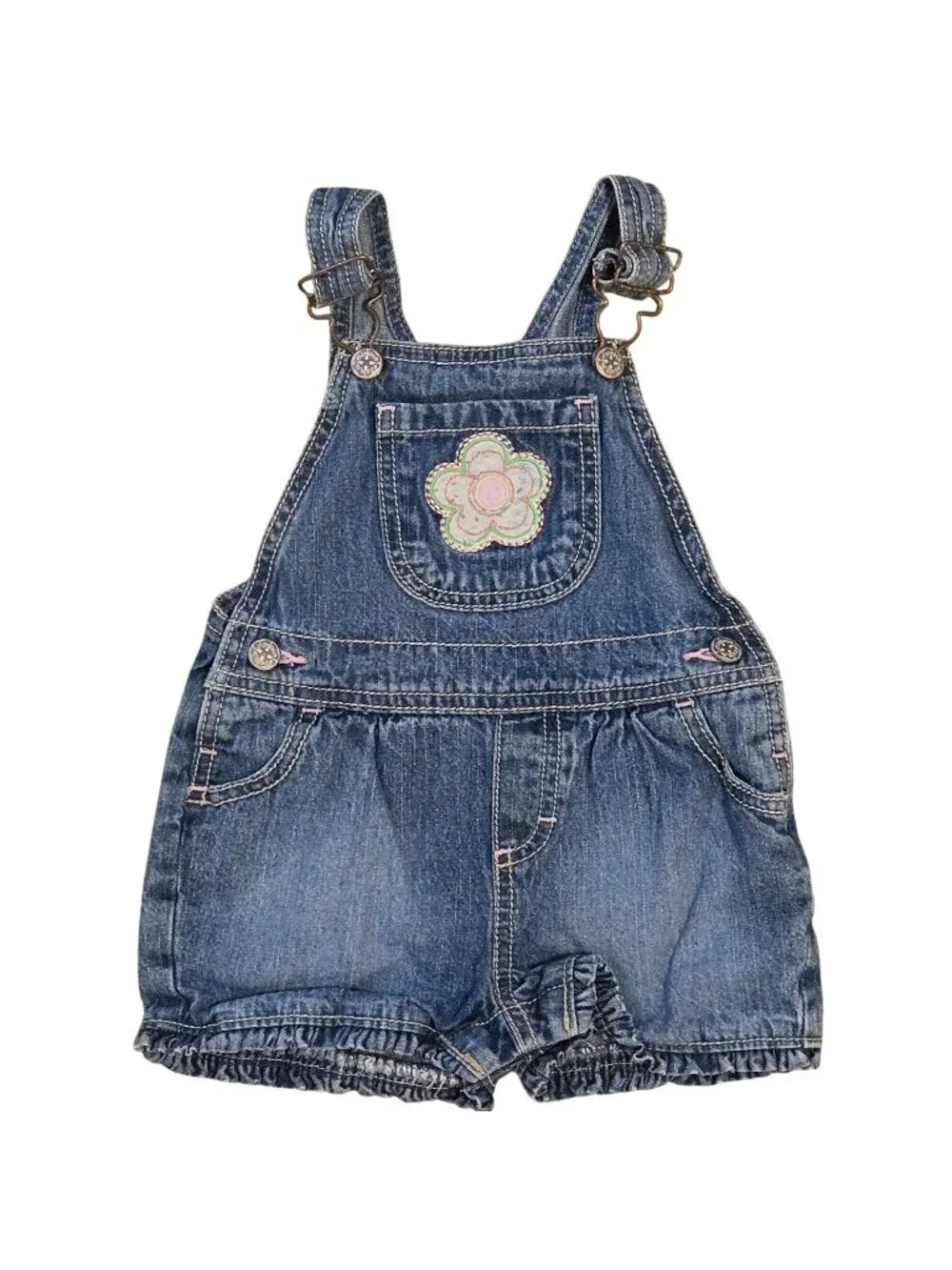 OshKosh Bgosh Infant Girls Denim Overalls Shortalls 18 Months Flower Embroidery
